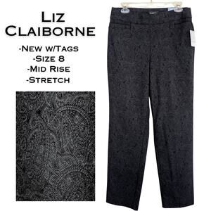Liz Claiborne Sophie Pants 8 Black Paisley Slimming Straight Leg Career NEW